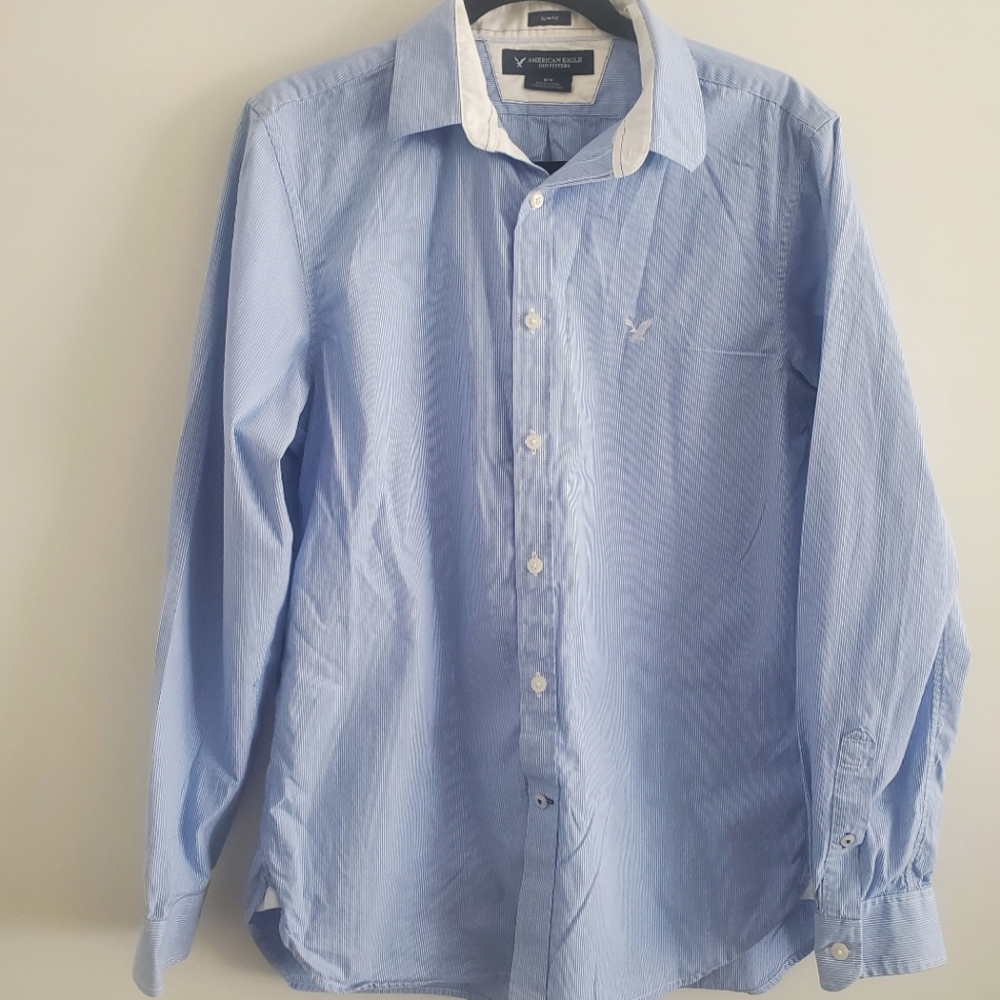 American Eagle Outfitters Slim Fit Dress Shirt Blue and White